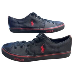 Polo by Ralph Lauren Cantor Black Leather/Canvas Low-Top Sneakers w/ Red Logo